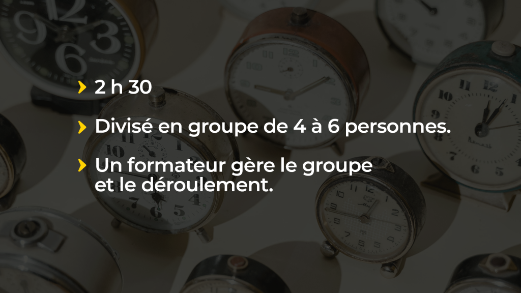 2 h 30, divisé en groupe de 4 à 6 personnes. Un formateur gère le groupe et le déroulement.