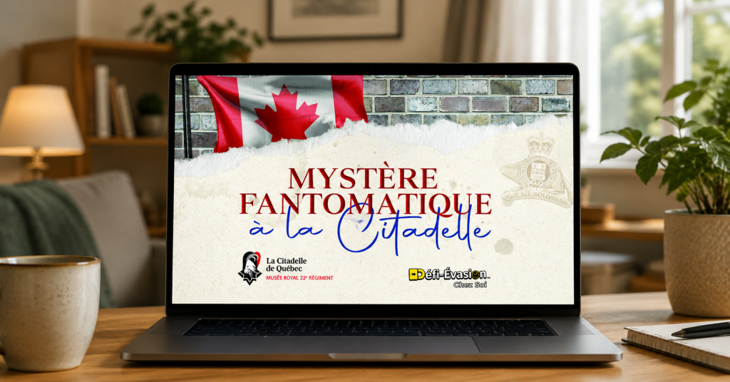 Ordinateur portable affichant le jeu Mystère fantomatique à la Citadelle avec drapeau canadien en arrière-plan