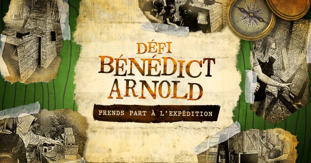 Affiche du jeu Défi Bénédict Arnold avec boussole, carte ancienne et illustrations historiques sur fond de parchemin