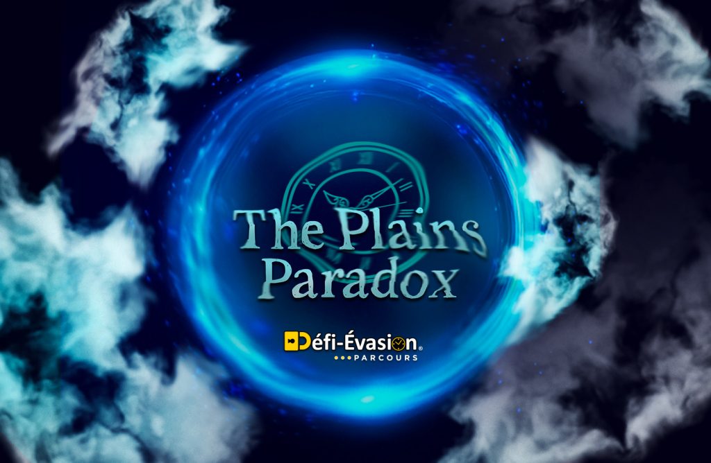 Blue glowing time portal surrounded by clouds representing The Plains Paradox outdoor puzzle adventure by Défi-Évasion on the Plains of Abraham in Québec City